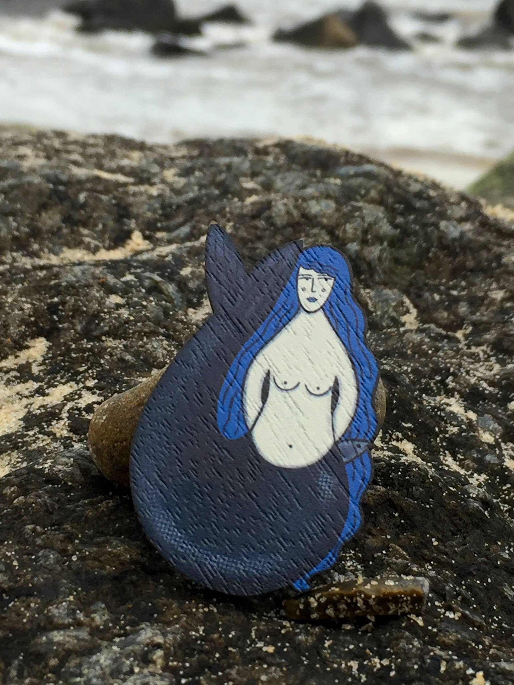 Wooden Mermaid Pin Brooch / Nautical Pin Badge
