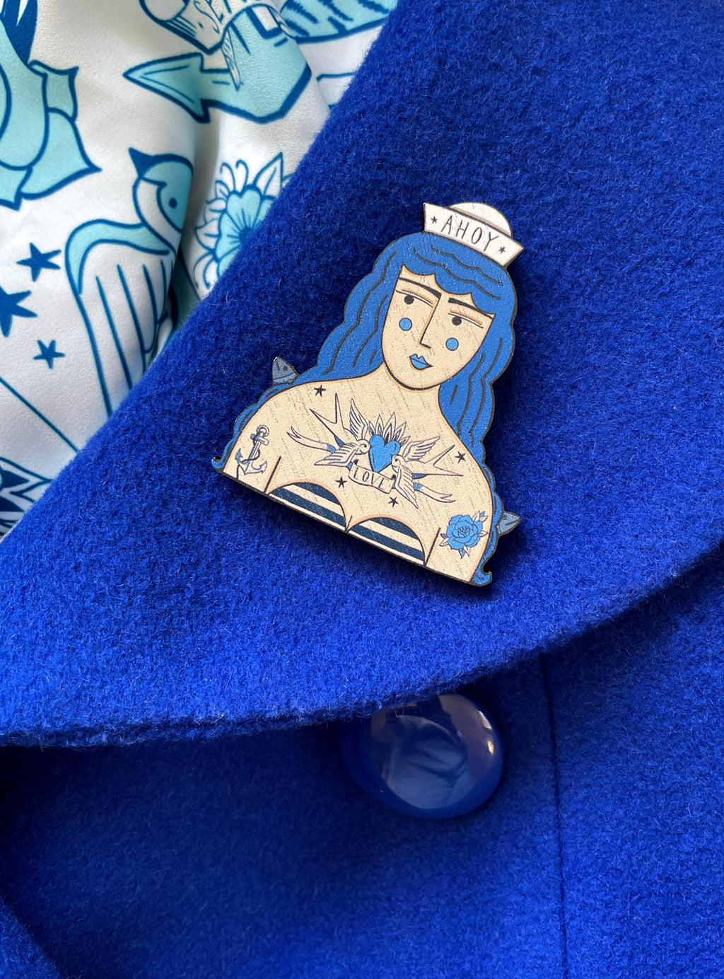 Tattooed Sailor Girl Pin Brooch / Nautical Tattoo Wooden Pin