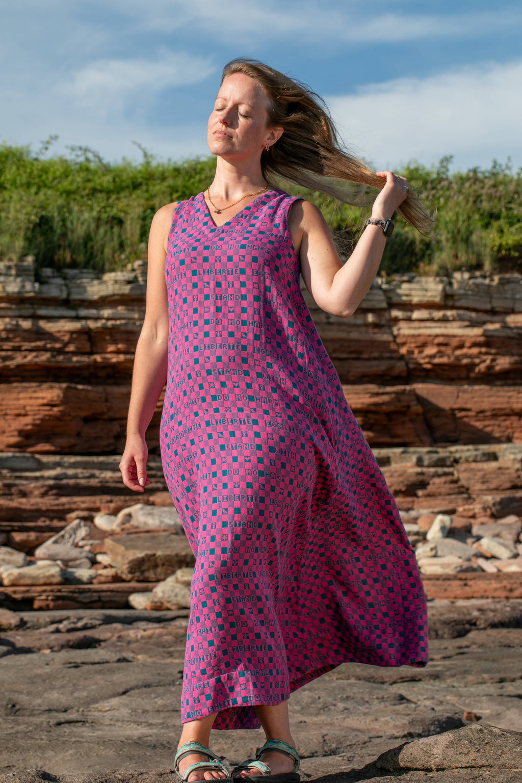 Easy-fit Organic Cotton Summer Dress in Fuchsia & Teal