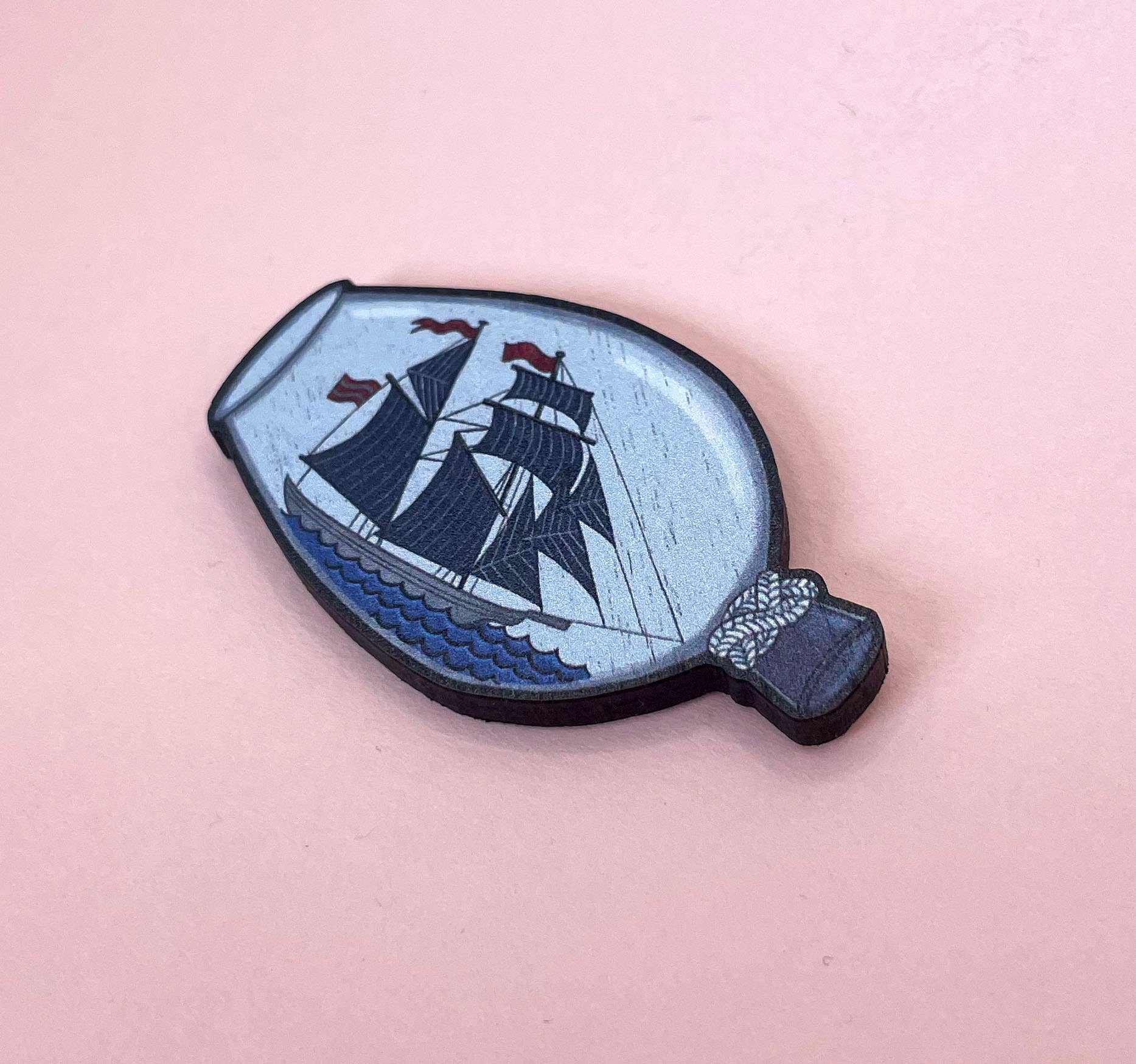 Ship in Bottle Wooden Pin Brooch / Nautical Pin Badge