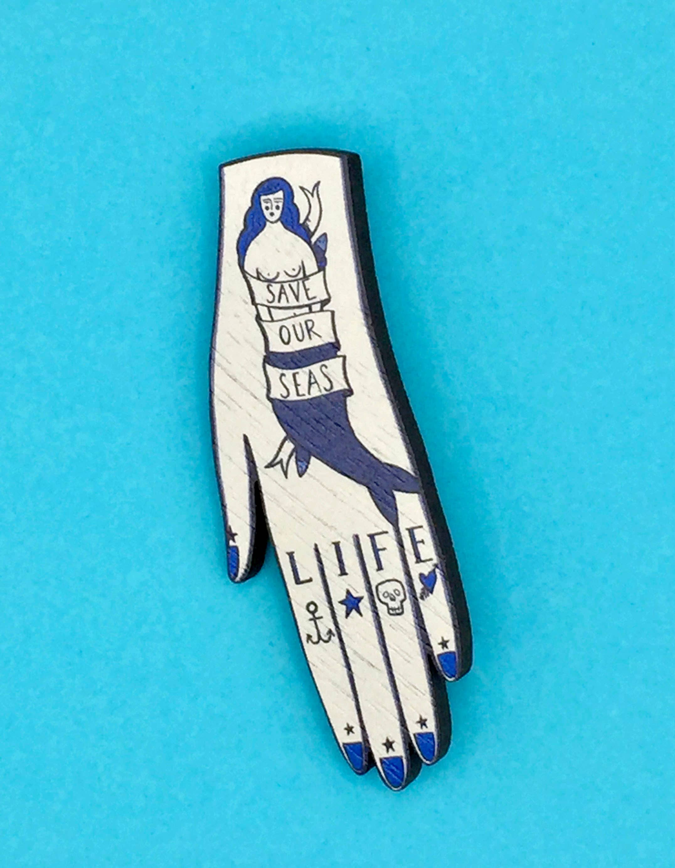 Tattooed Hand Pin Brooch / Nautical Tattoo Pin Badge