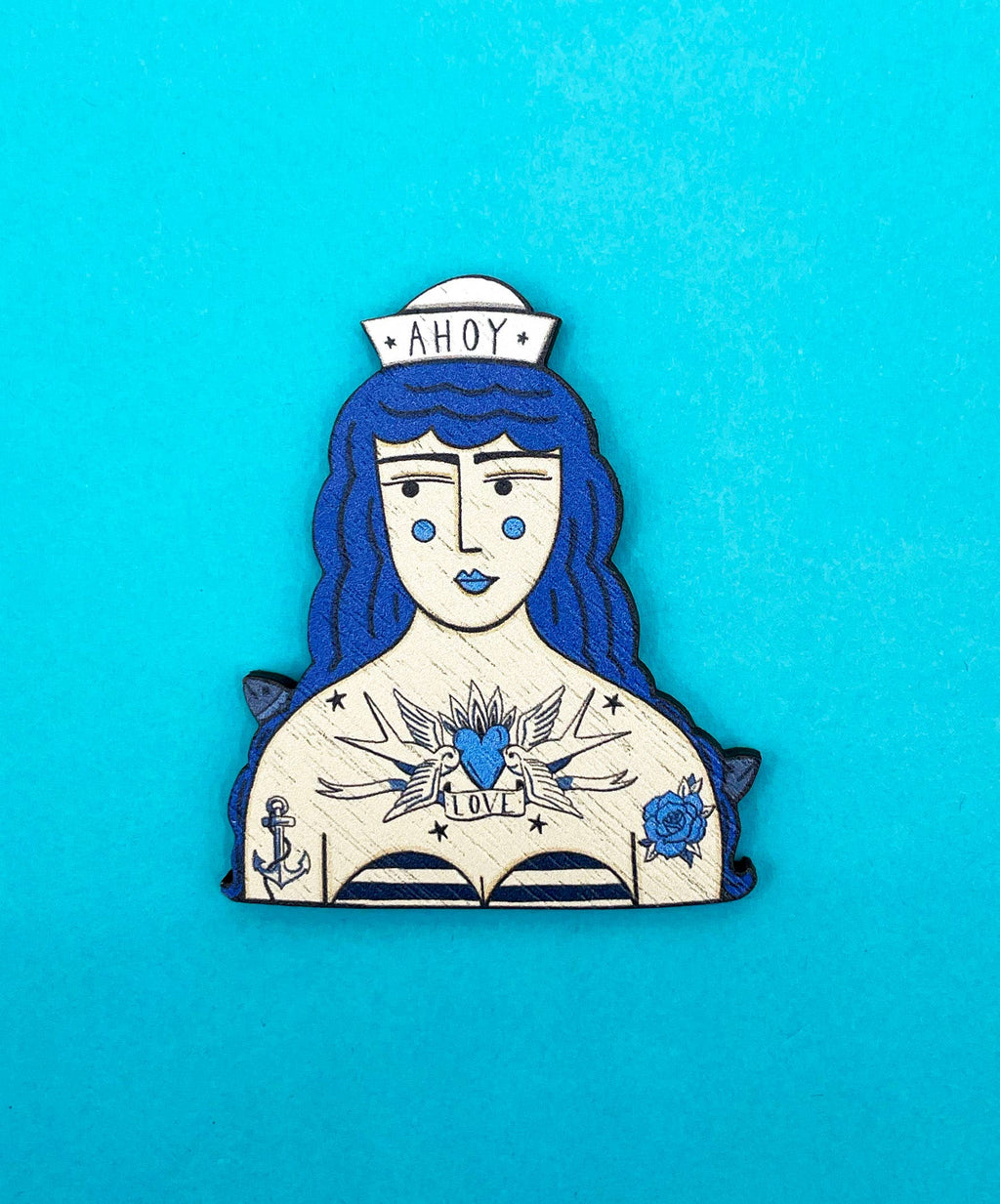 Tattooed Sailor Girl Pin Brooch / Nautical Tattoo Wooden Pin