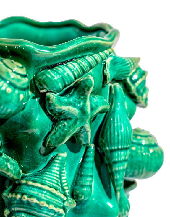Crackle Aqua Blue Sea Shell Large Ceramic Vase