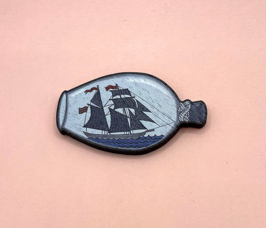 Ship in Bottle Wooden Pin Brooch / Nautical Pin Badge