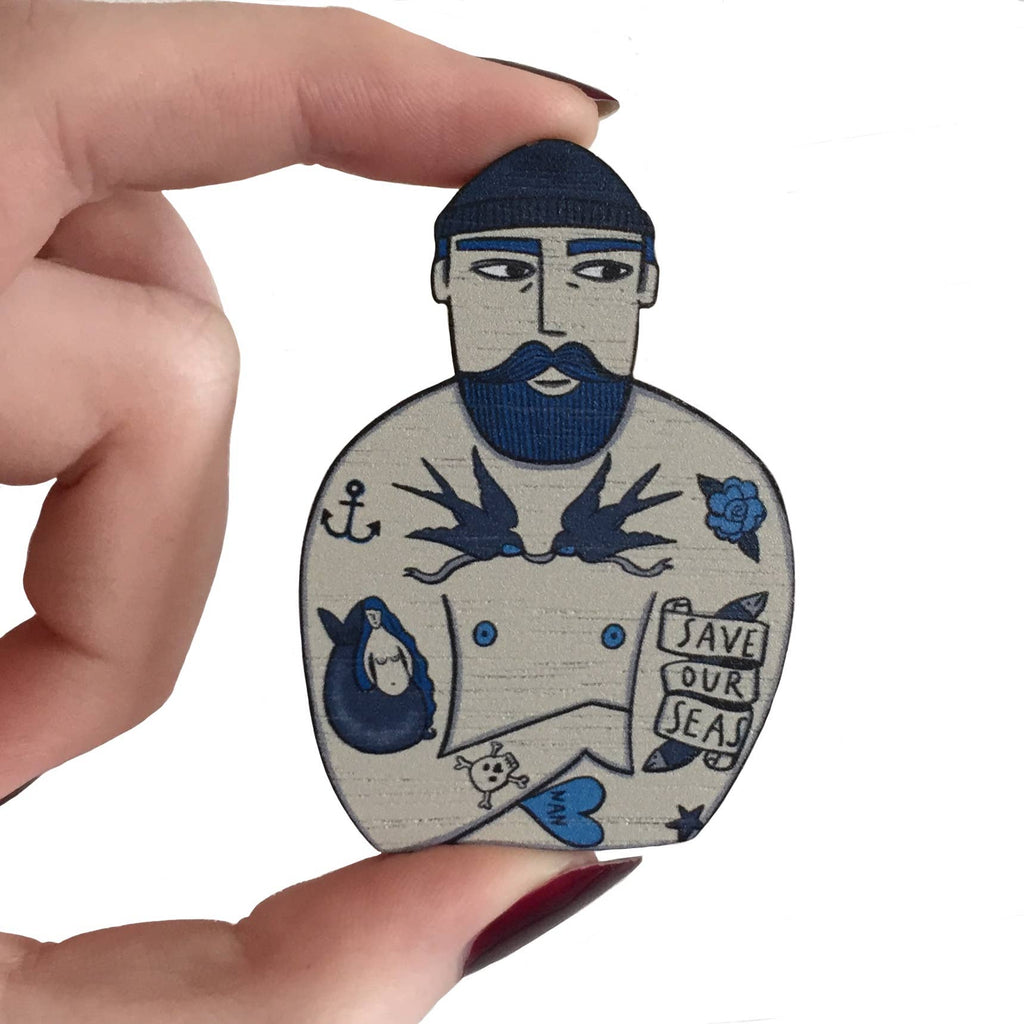 Tattooed Sailor Pin Brooch / Nautical Tattoo Wooden Pin