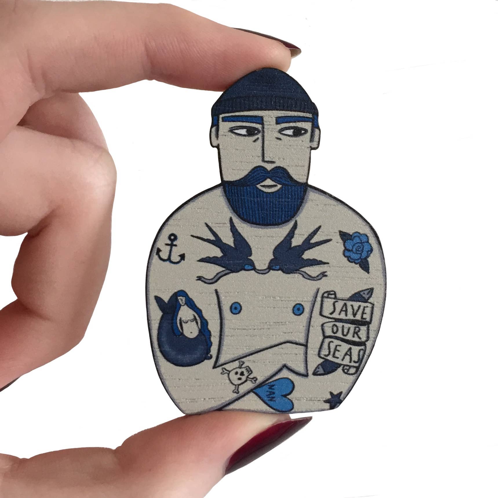 Tattooed Sailor Pin Brooch / Nautical Tattoo Wooden Pin