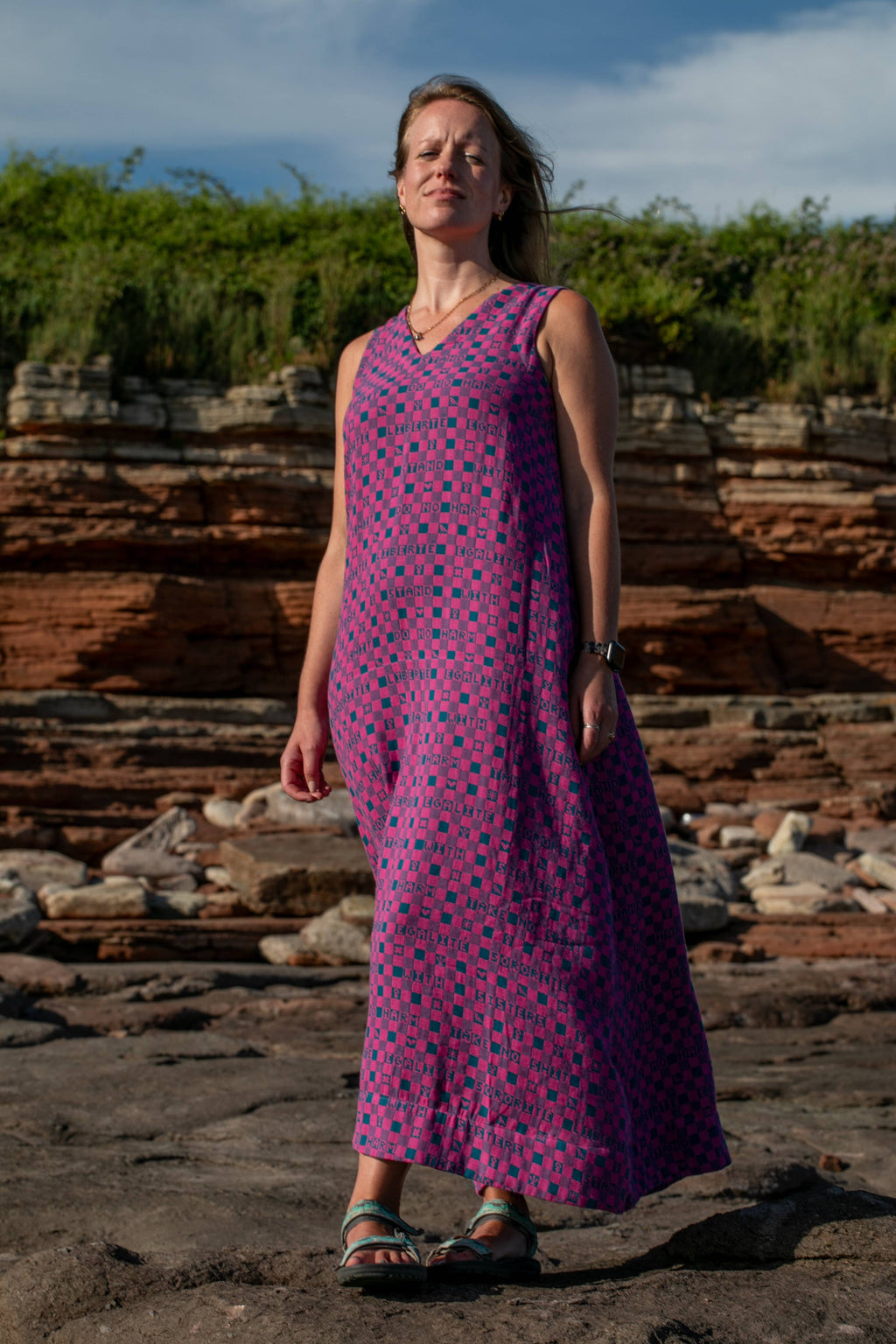 Easy-fit Organic Cotton Summer Dress in Fuchsia & Teal