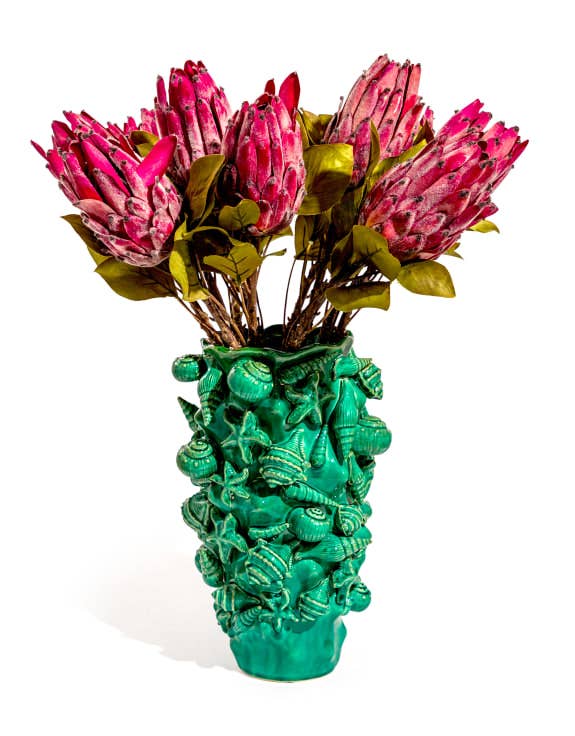 Crackle Aqua Blue Sea Shell Large Ceramic Vase