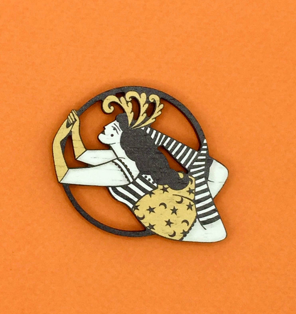 Vintage Style Circus Aerialist Wooden Pin Brooch