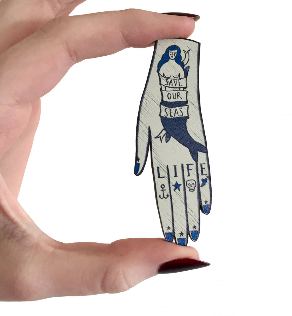 Tattooed Hand Pin Brooch / Nautical Tattoo Pin Badge