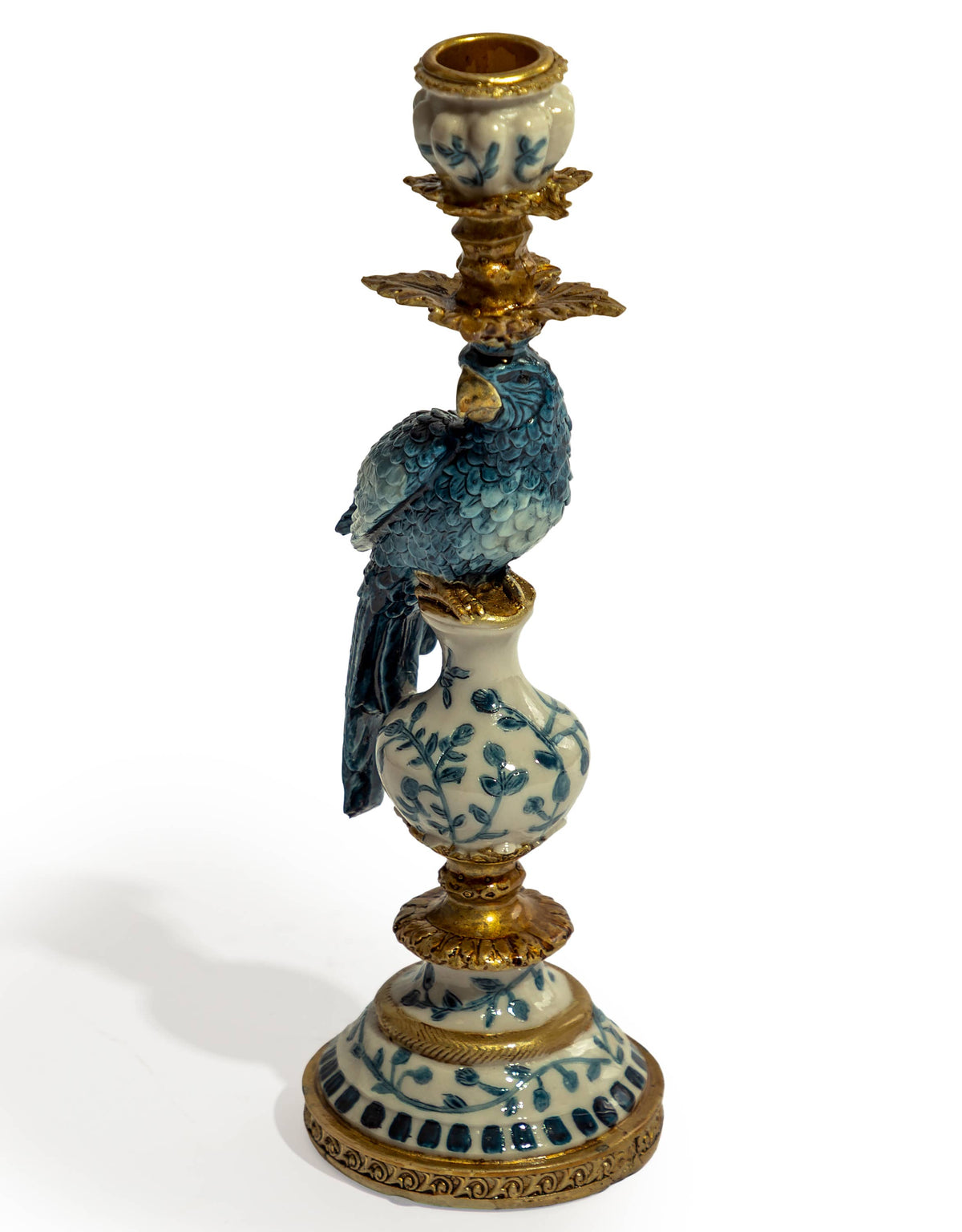 Antiqued Ornate Blue/White Parrot Candle Holder - LH