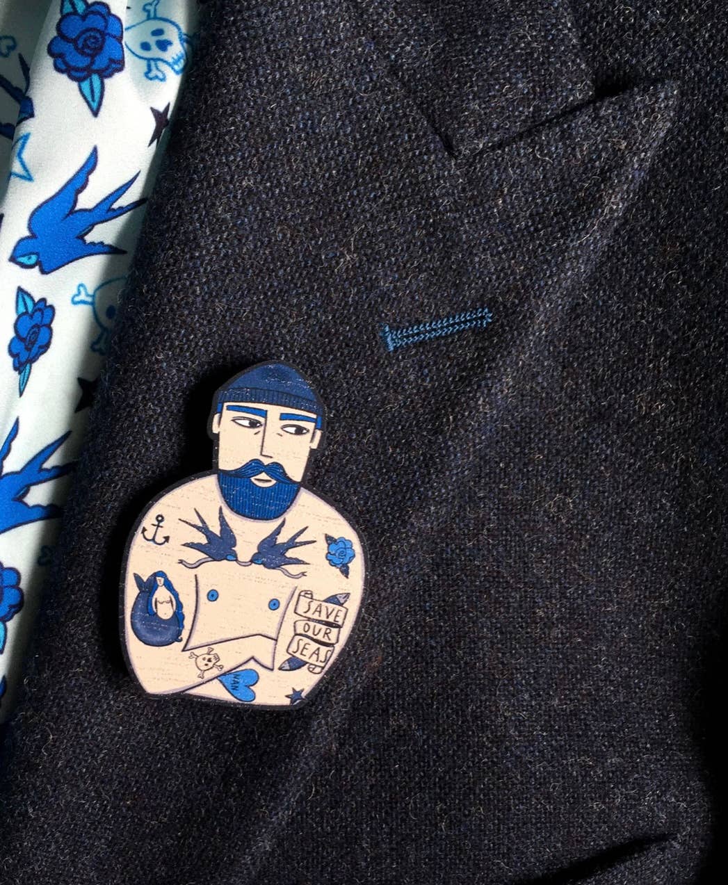 Tattooed Sailor Pin Brooch / Nautical Tattoo Wooden Pin