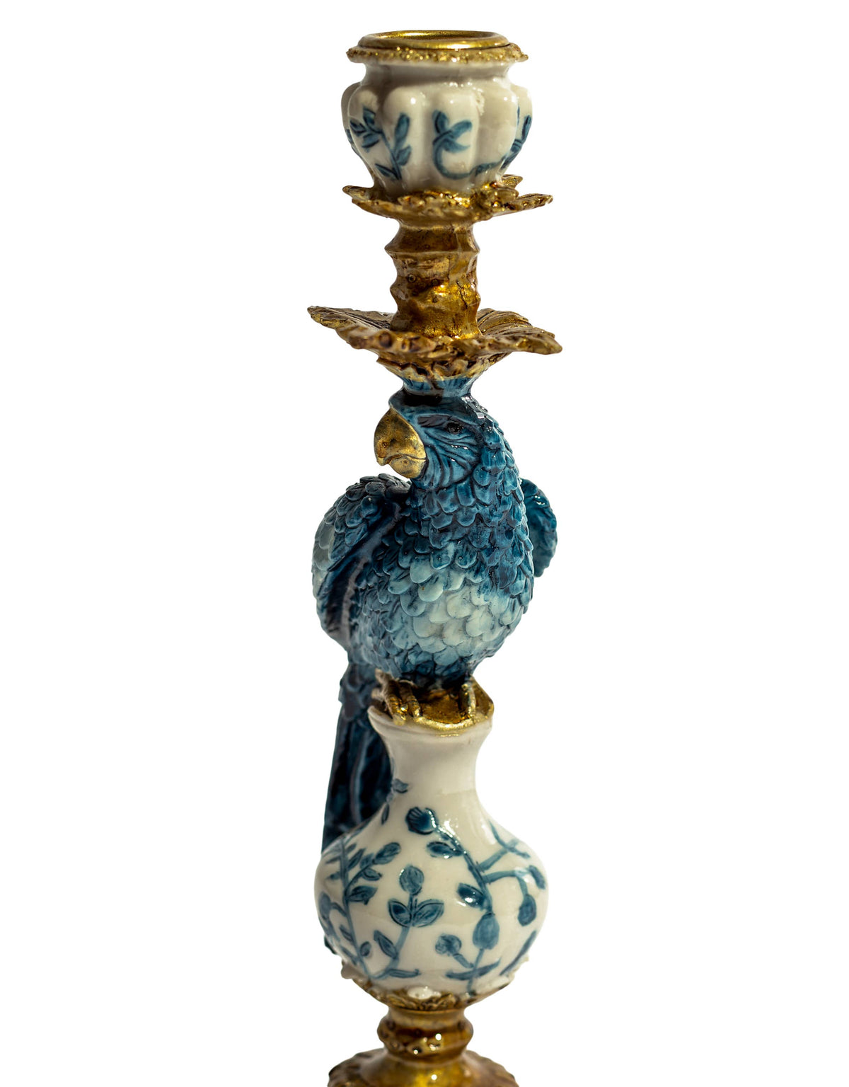 Antiqued Ornate Blue/White Parrot Candle Holder - LH