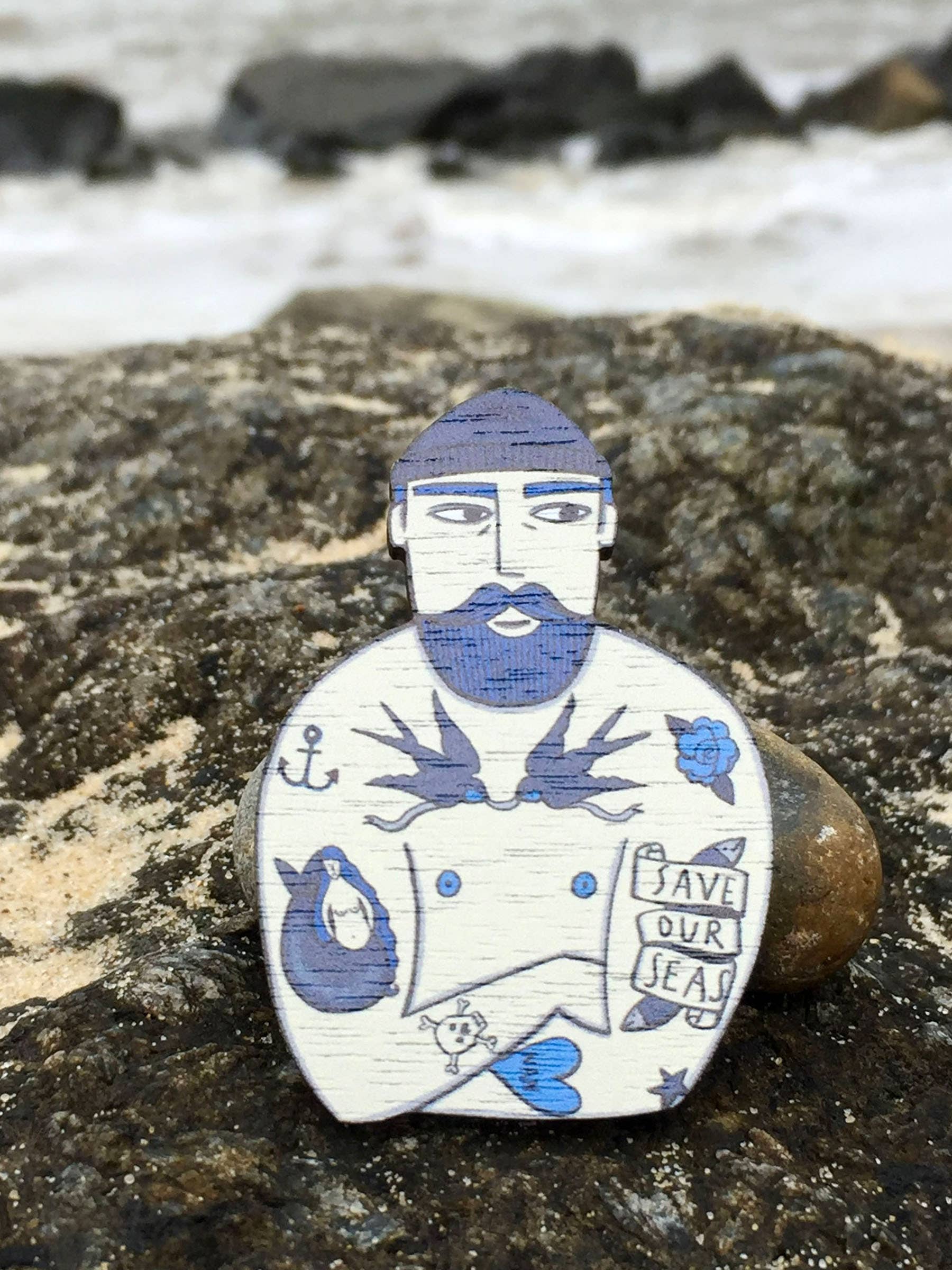 Tattooed Sailor Pin Brooch / Nautical Tattoo Wooden Pin