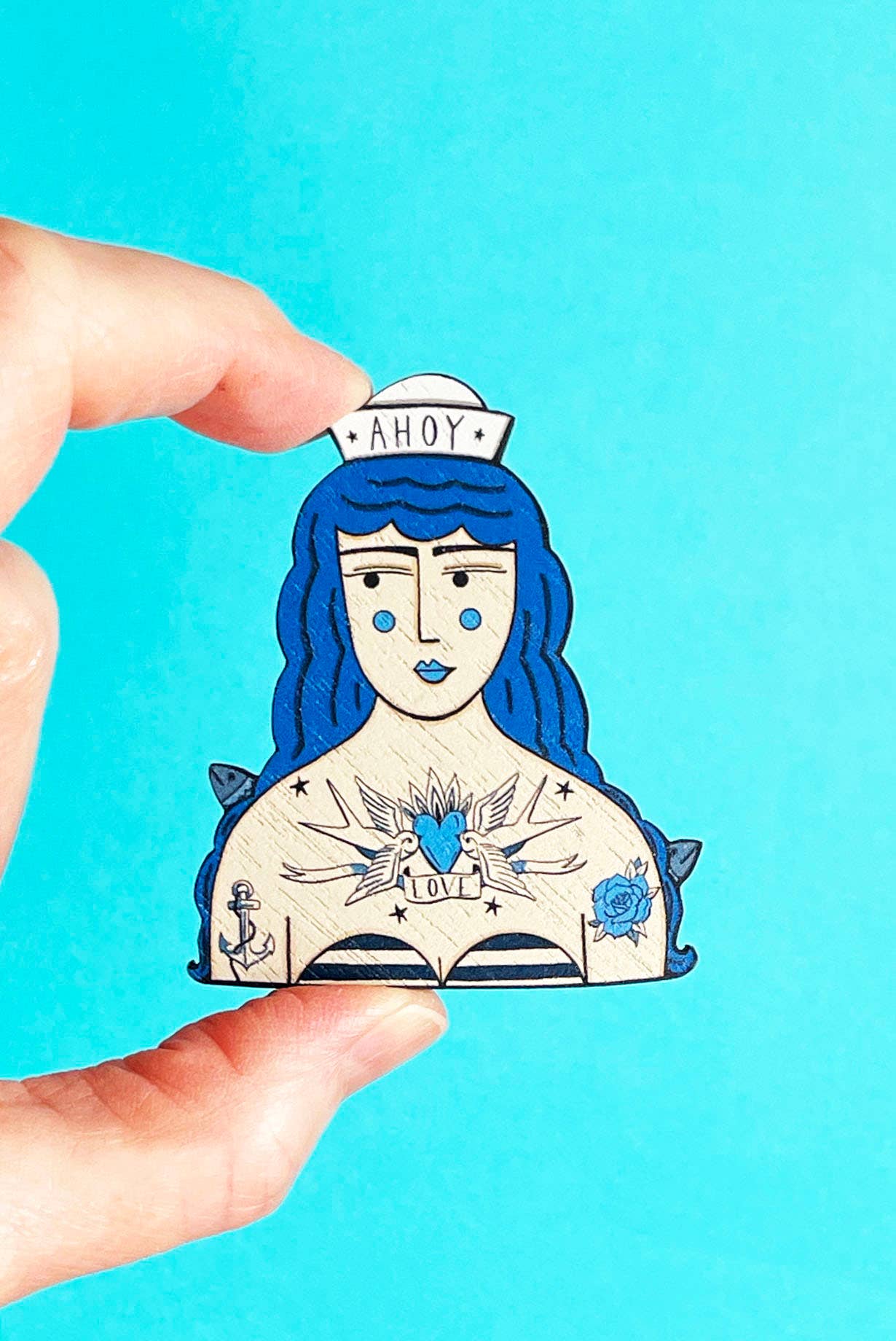Tattooed Sailor Girl Pin Brooch / Nautical Tattoo Wooden Pin