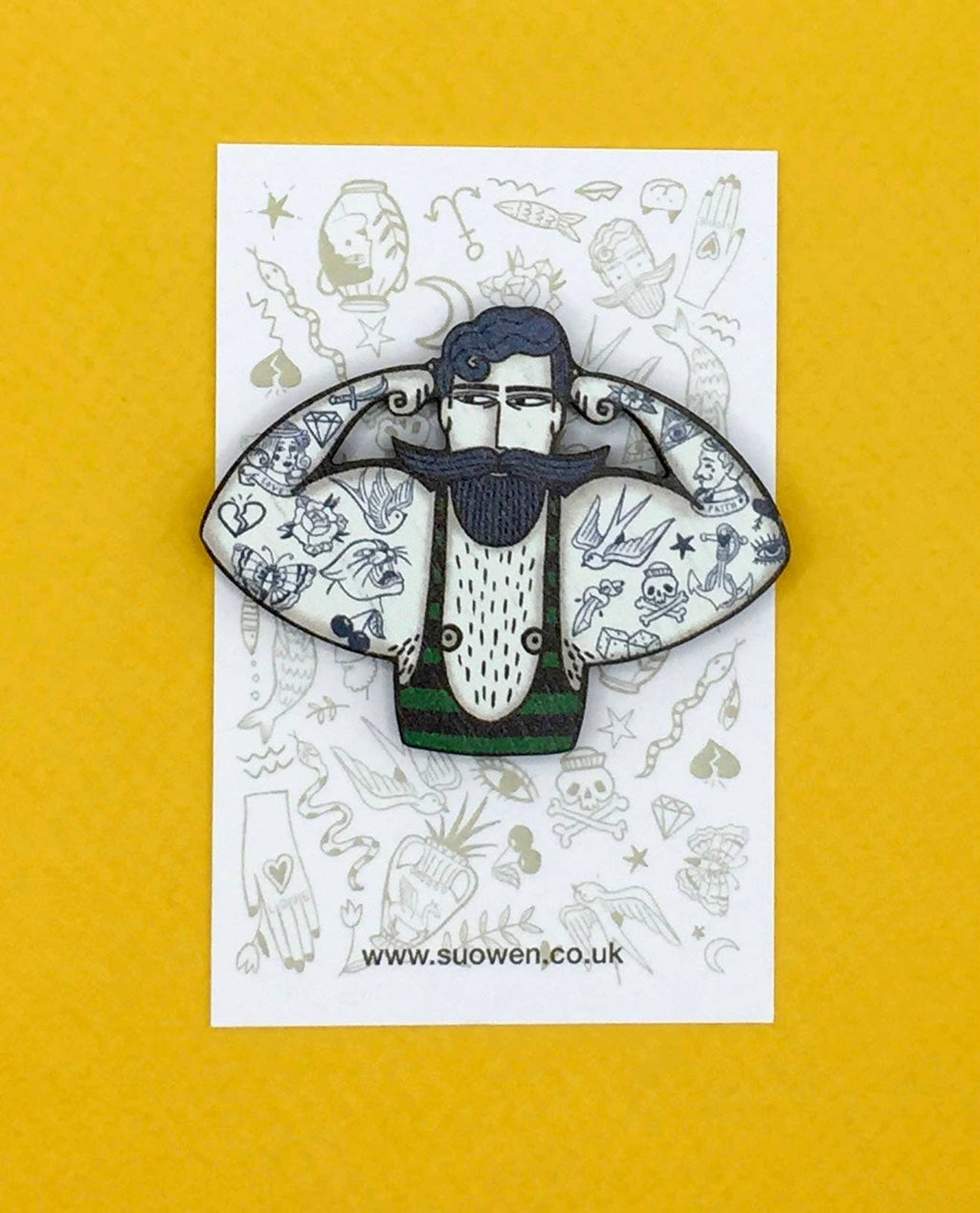 Vintage Style Circus Strongman Wooden Pin Brooch