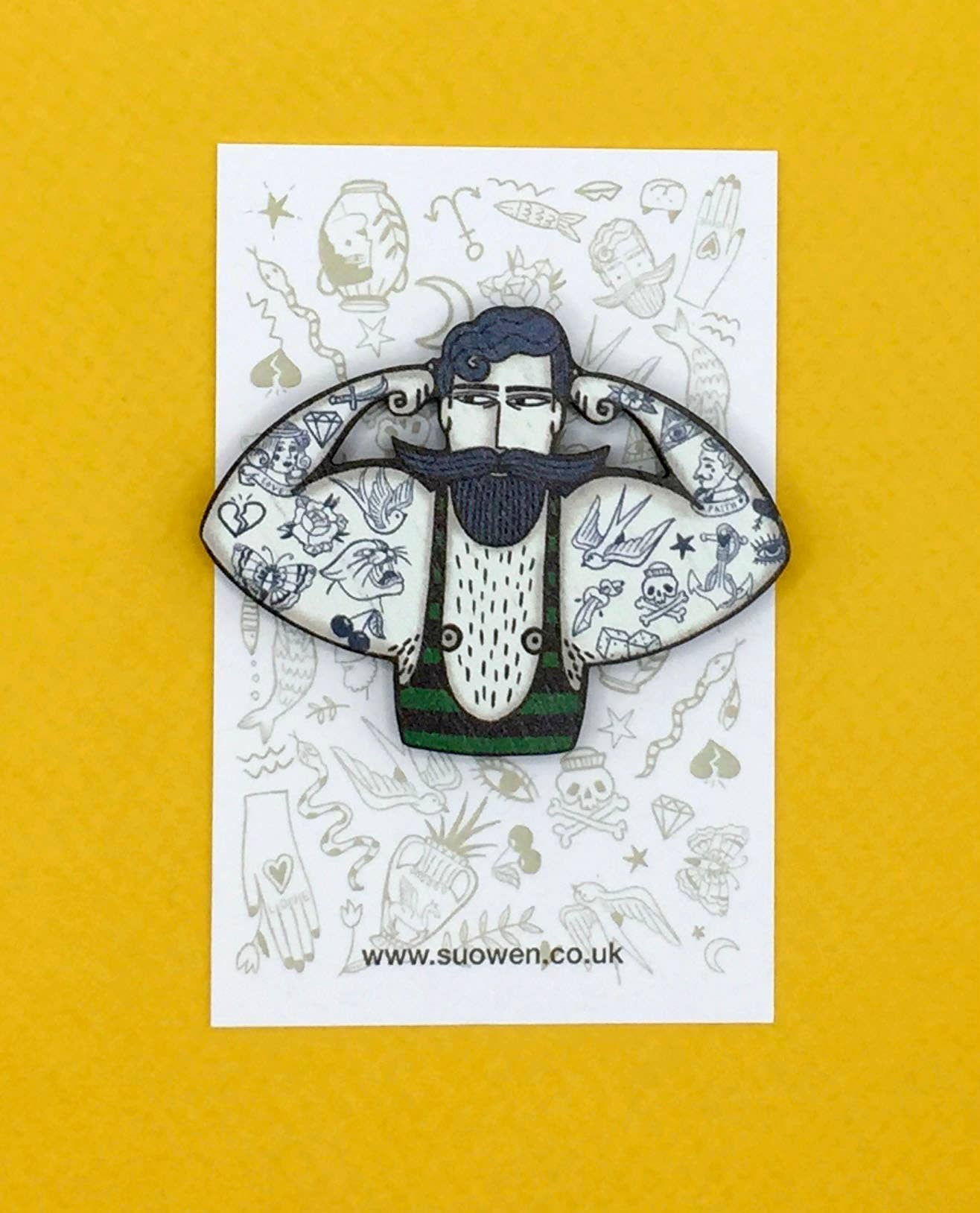 Vintage Style Circus Strongman Wooden Pin Brooch