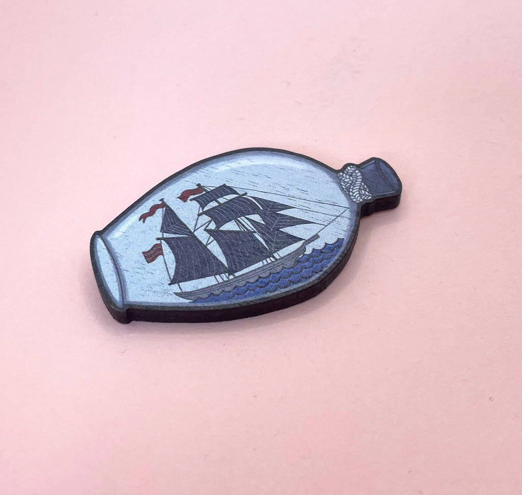 Ship in Bottle Wooden Pin Brooch / Nautical Pin Badge