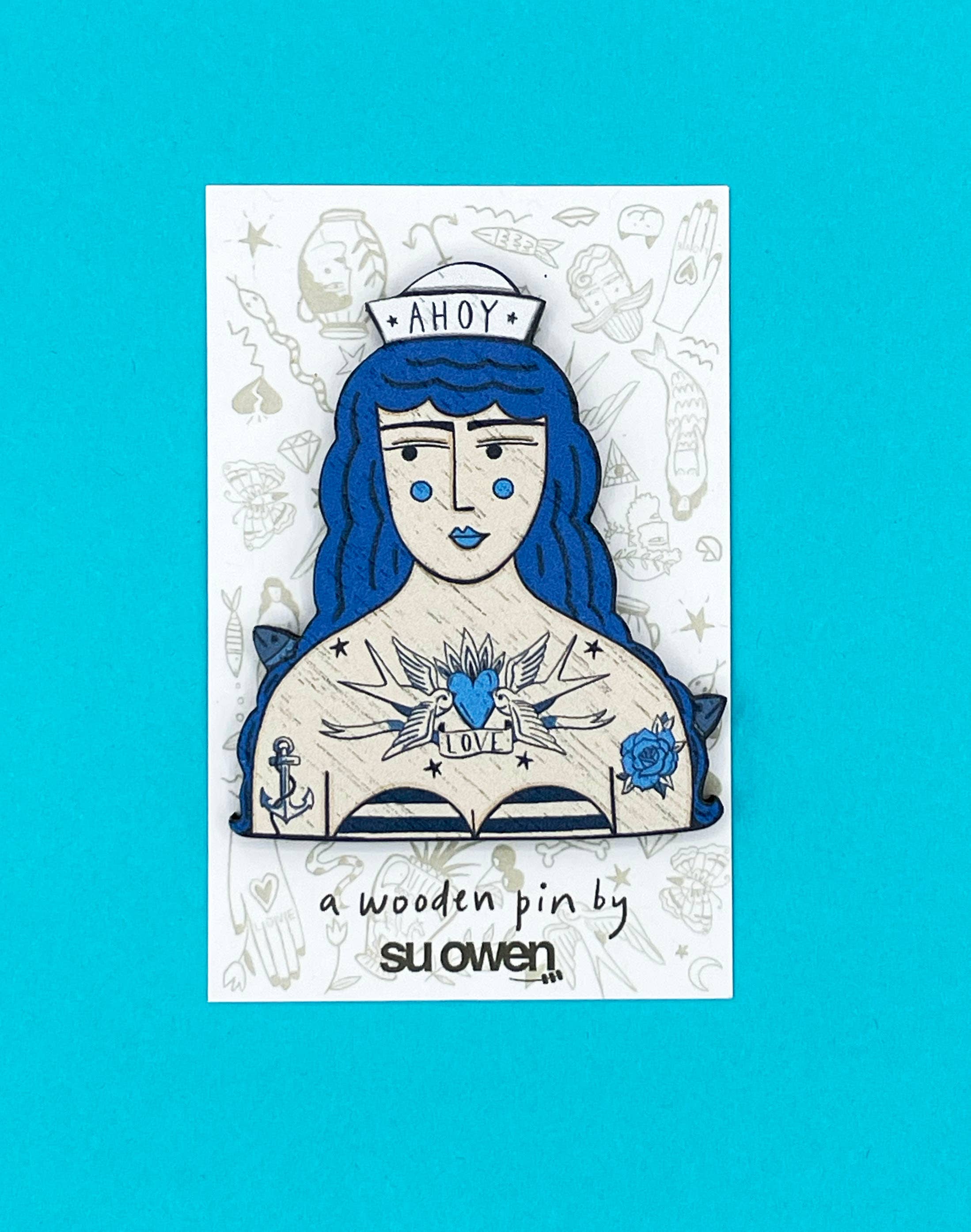 Tattooed Sailor Girl Pin Brooch / Nautical Tattoo Wooden Pin