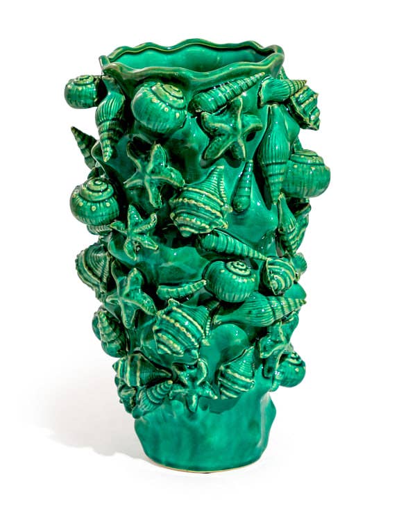 Crackle Aqua Blue Sea Shell Large Ceramic Vase