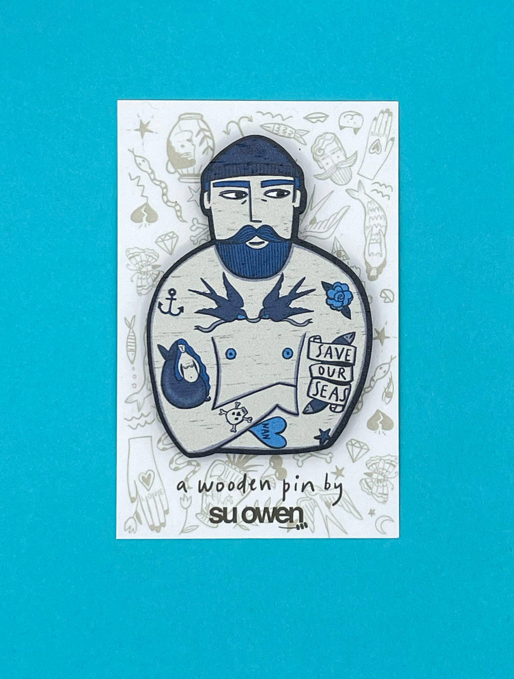 Tattooed Sailor Pin Brooch / Nautical Tattoo Wooden Pin