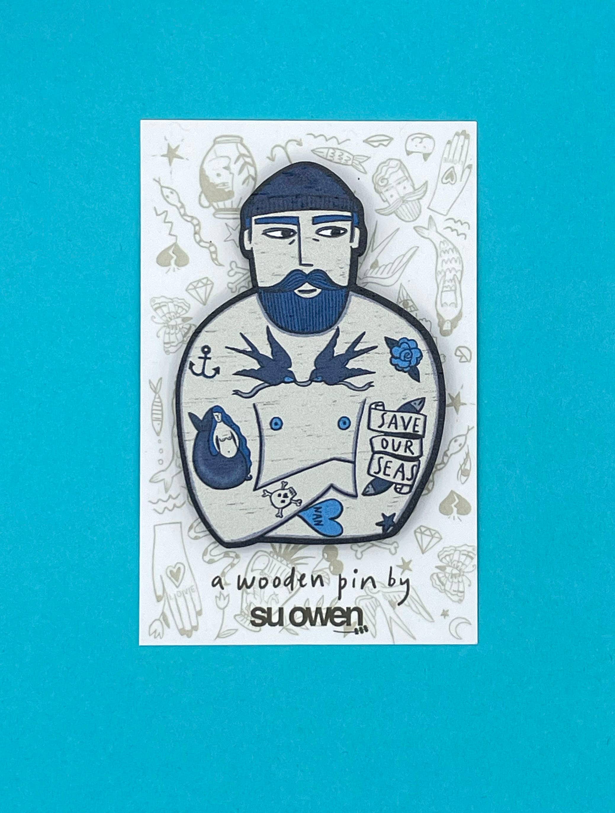 Tattooed Sailor Pin Brooch / Nautical Tattoo Wooden Pin